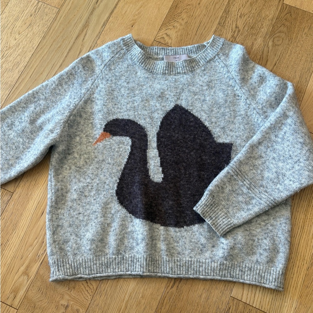 Folk Gray Crewneck Sweater with Black Swan and Orange Beak